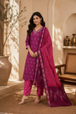 Gulnaar Wine Embroidered Kurta Pant Dupatta Set for Women