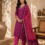 Gulnaar Wine Embroidered Kurta Pant Dupatta Set for Women