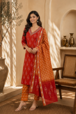 Gulnaar Rust Orange Embroidered Kurta Pant Dupatta Set for Women