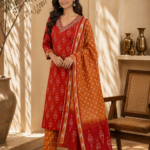 Gulnaar Rust Orange Embroidered Kurta Pant Dupatta Set for Women
