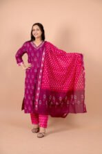 Gulnaar Wine Embroidered Kurta Pant Dupatta Set for Women