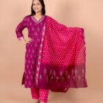 Gulnaar Wine Embroidered Kurta Pant Dupatta Set for Women