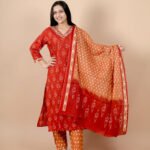 Gulnaar Rust Orange Embroidered Kurta Pant Dupatta Set for Women