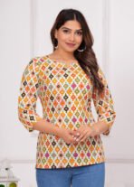 Rexxica Women Cotton White Ethnic Cherokee Printed Short Kurti