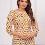 Rexxica Women Cotton White Ethnic Cherokee Printed Short Kurti