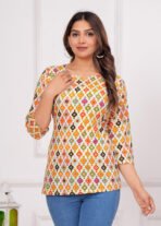 Rexxica Women Cotton White Ethnic Cherokee Printed Short Kurti - Image 5