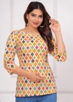 Rexxica Women Cotton White Ethnic Cherokee Printed Short Kurti - Image 3