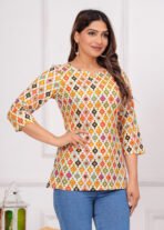 Rexxica Women Cotton White Ethnic Cherokee Printed Short Kurti - Image 2