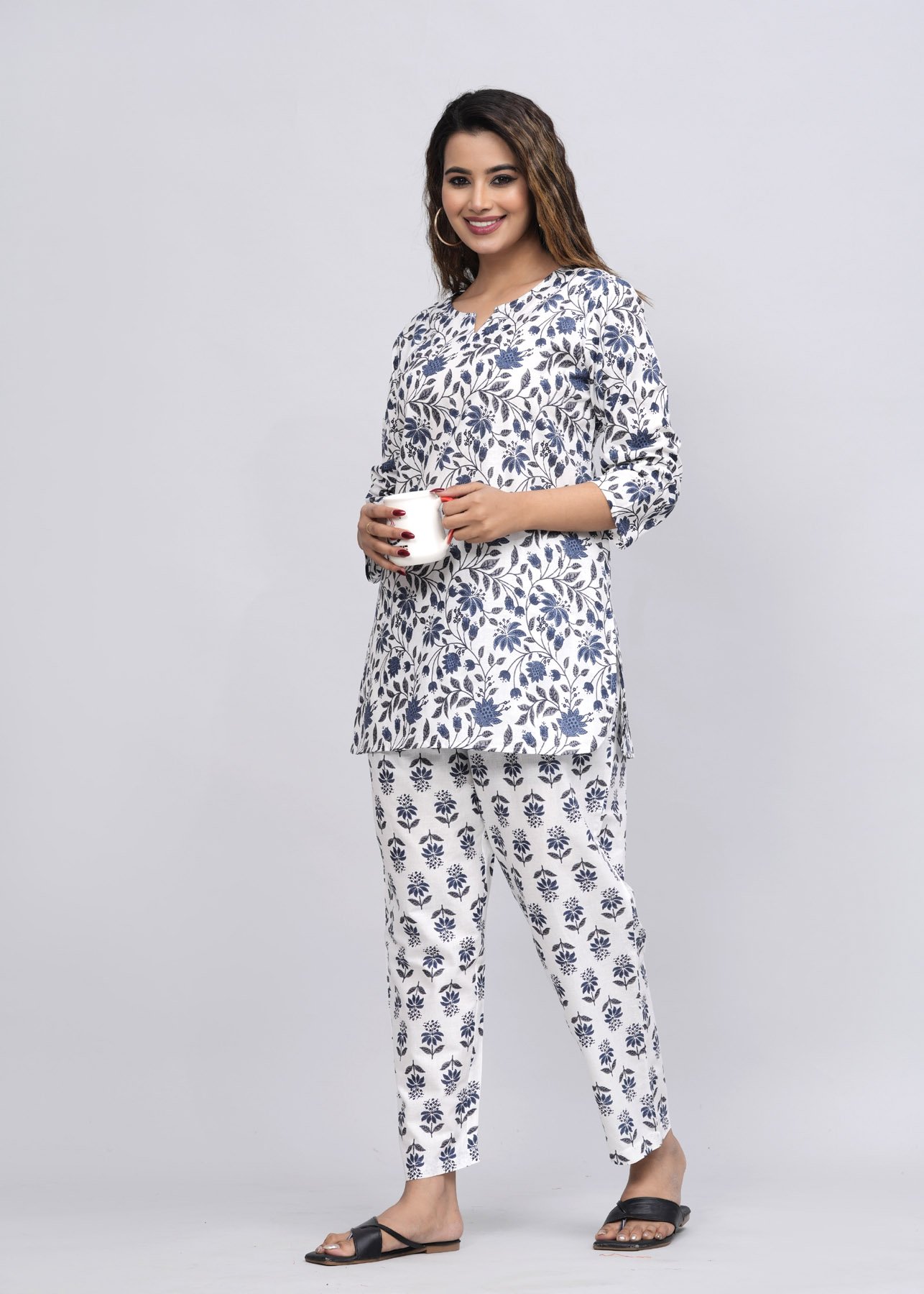 White-Blue-1.jpg Rexxica Women's Premium Cotton Night Suit - Soft, Comfortable, Stylish Sleepwear for All Seasons - Image 1