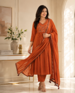 Noor Rust Orange Embroidered Suit Set with Dupatta