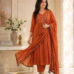 Noor Rust Orange Embroidered Suit Set with Dupatta
