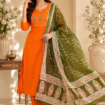 Noor Orange Embroidered Cotton Suit Set with Dupatta