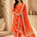 Meher Orange Hand Worked Cotton Suit Set with Dupatta