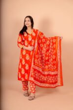 Meher Orange Hand Worked Cotton Suit Set with Dupatta