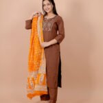 The Noor Terra Gold Embroidered Cotton Suit Set