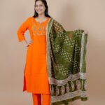 Noor Orange Embroidered Cotton Suit Set with Dupatta