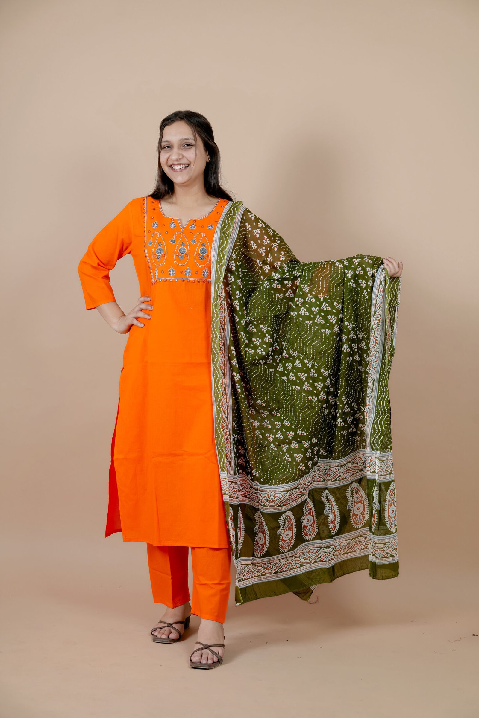 DSC04010 Noor Orange Embroidered Cotton Suit Set with Dupatta - Image 1