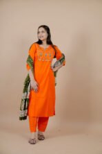 Noor Orange Embroidered Cotton Suit Set with Dupatta - Image 3