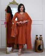Noor Rust Orange Embroidered Suit Set with Dupatta