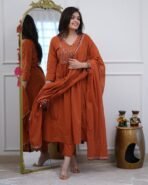 Noor Rust Orange Embroidered Suit Set with Dupatta - Image 4